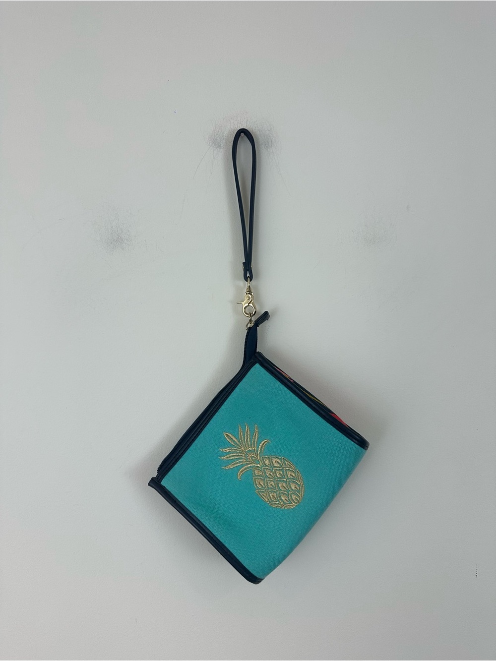 Spartina 449 Embroidered Turquoise Clutch Wristlet Gold Pineapple Zipper Top